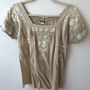 J Crew tan square neck linen embroidered blouse